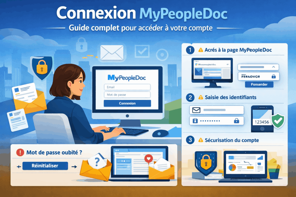 Illustration guide MyPeopleDoc montrant la connexion au compte, création de mot de passe, vérification en deux étapes et accès aux documents RH sur ordinateur et mobile