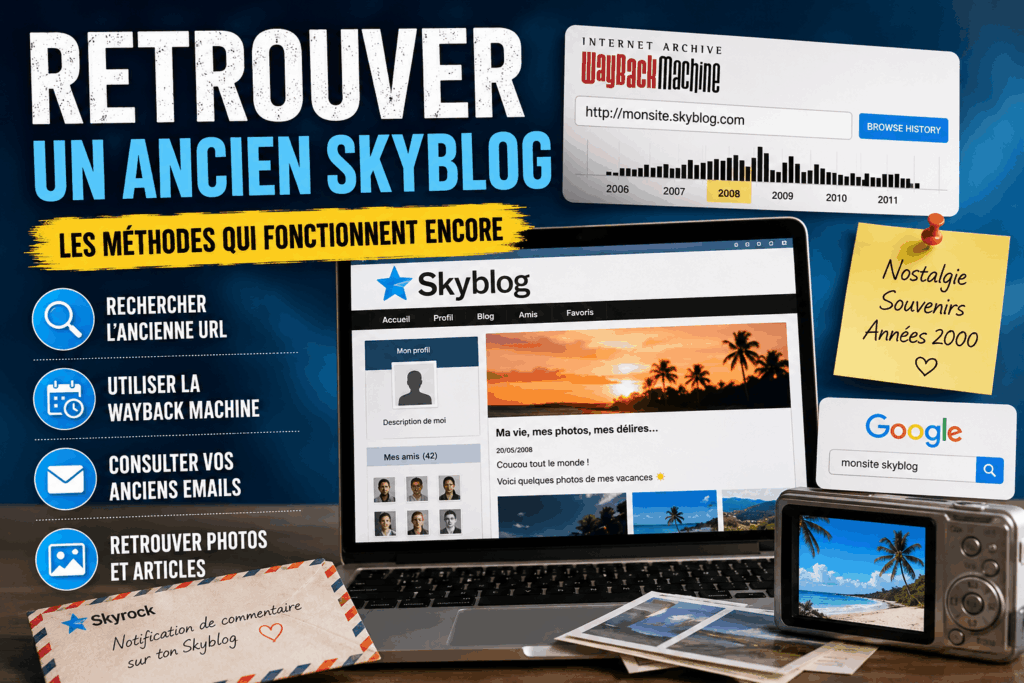 Infographie expliquant comment retrouver un ancien Skyblog grâce à l’URL, la Wayback Machine, Google et les archives d’emails