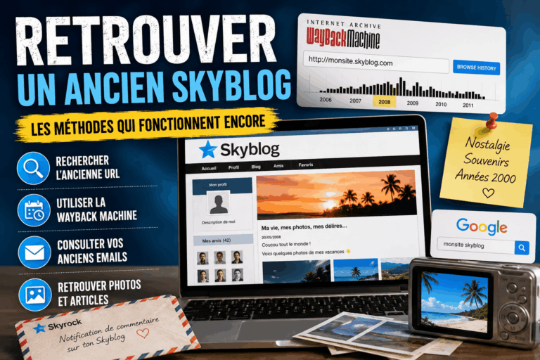 Infographie expliquant comment retrouver un ancien Skyblog grâce à l’URL, la Wayback Machine, Google et les archives d’emails