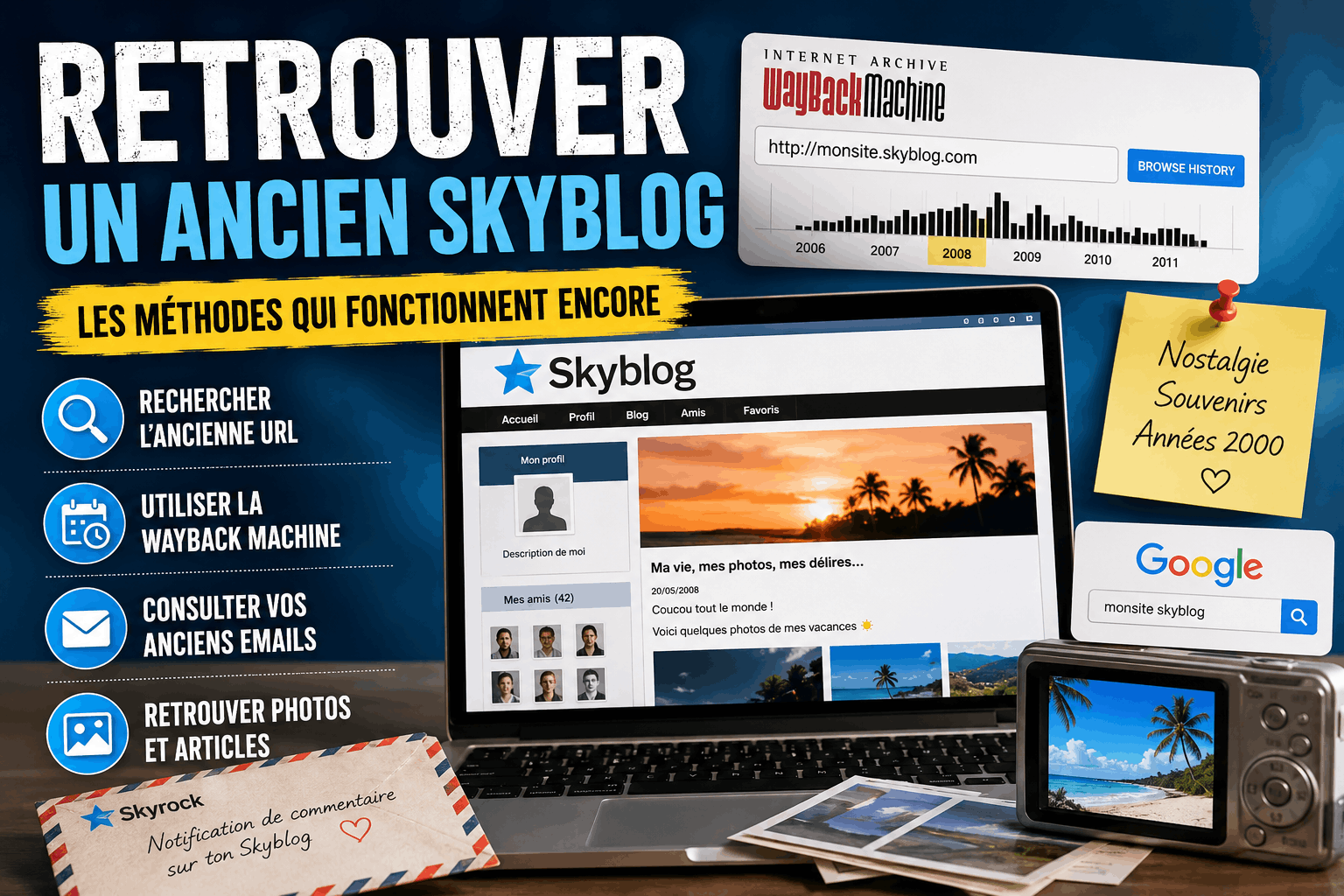 Infographie expliquant comment retrouver un ancien Skyblog grâce à l’URL, la Wayback Machine, Google et les archives d’emails